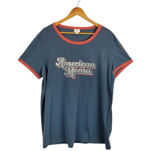 Lularoe Women's American Mama Ringer T-Shirt Blue Red Size 2X - Picture 1 of 5